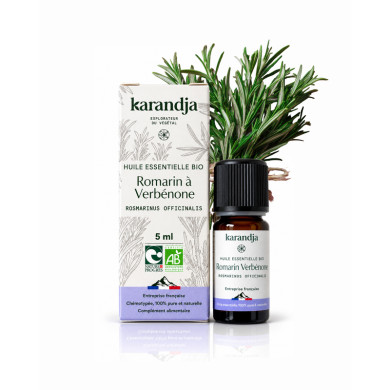 Huile essentielle ROMARIN A VERBENONE Bio chémotypée, 100% pure et naturelle, Karandja laboratoire, origine France.