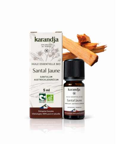 Huile essentielle SANTAL JAUNE Bio chémotypée, 100% pure et naturelle, Karandja laboratoire.
