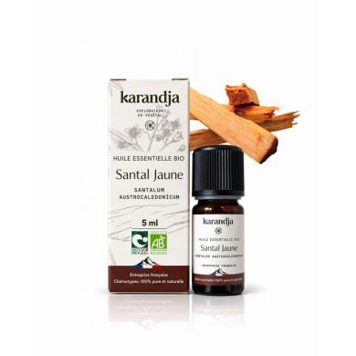 Huile essentielle SANTAL JAUNE Bio chémotypée, 100% pure et naturelle, Karandja laboratoire.