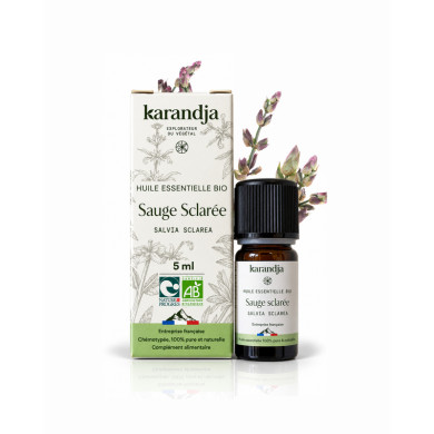 Huile essentielle SAUGE SCLAREE Bio chémotypée, 100% pure et naturelle, Karandja laboratoire, origine France - Vaucluse.