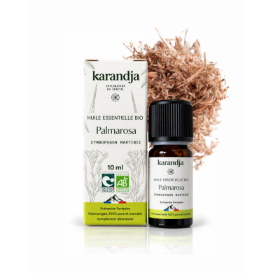 Huile essentielle PALMAROSA Bio chémotypée, 100% pure et naturelle, Karandja laboratoire.