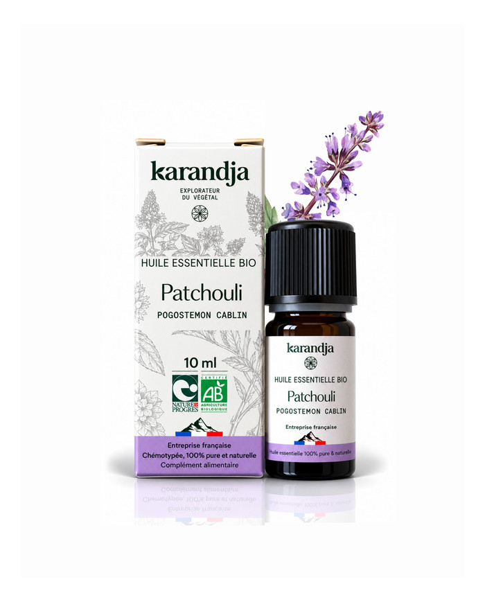 Huile essentielle PATCHOULI Bio chémotypée, 100% pure et naturelle, Karandja laboratoire.