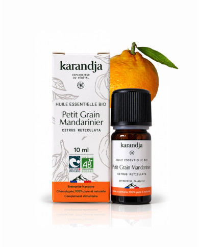 Huile essentielle PETIT GRAIN MANDARINIER Bio chémotypée, 100% pure et naturelle, Karandja laboratoire.