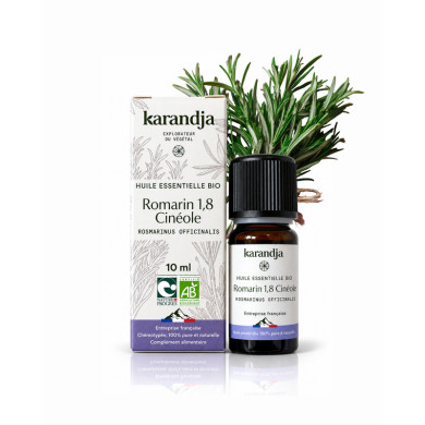Huile essentielle ROMARIN 1.8 CINEOL Bio chémotypée, 100% pure et naturelle, Karandja laboratoire, origine France.