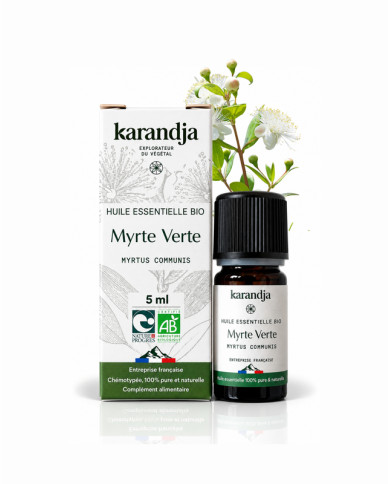 Huile essentielle MYRTE VERTE Bio chémotypée, 100% pure et naturelle, Karandja laboratoire.