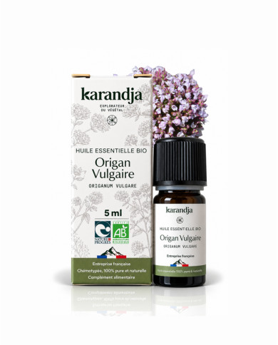 Huile essentielle ORIGAN VULGAIRE Bio chémotypée, 100% pure et naturelle, Karandja laboratoire, origine France, Hérault (34).