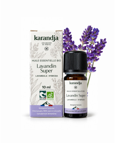 Huile essentielle LAVANDIN SUPER Bio chémotypée, 100% pure et naturelle, Karandja laboratoire, origine France filière locale.