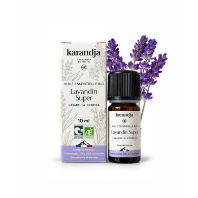 Huile essentielle LAVANDIN SUPER Bio chémotypée, 100% pure et naturelle, Karandja laboratoire, origine France filière locale.