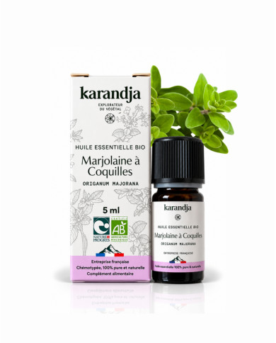 Huile essentielle MARJOLAINE A COQUILLE Bio chémotypée, 100% pure et naturelle, Karandja laboratoire, origine France.