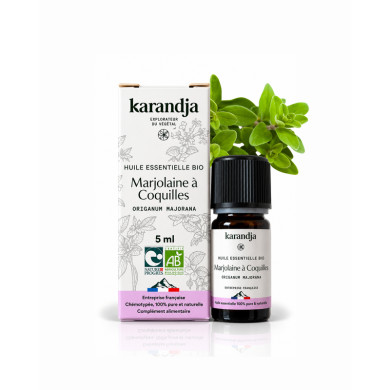 Huile essentielle MARJOLAINE A COQUILLE Bio chémotypée, 100% pure et naturelle, Karandja laboratoire, origine France.