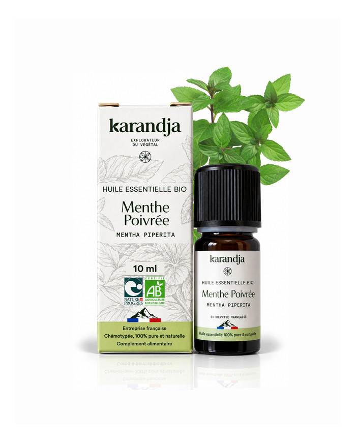 Huile essentielle MENTHE POIVREE Bio chémotypée, 100% pure et naturelle, Karandja laboratoire, origine France - Hautes-Alpes.