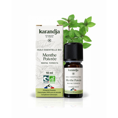 Huile essentielle MENTHE POIVREE Bio chémotypée, 100% pure et naturelle, Karandja laboratoire, origine France - Hautes-Alpes.