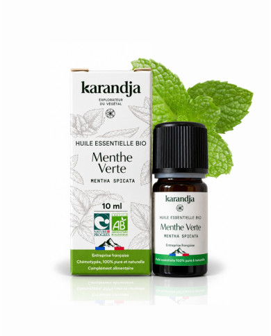 Huile essentielle MENTHE VERTE Bio chémotypée, 100% pure et naturelle, Karandja laboratoire, origine France, Hautes-Alpes.