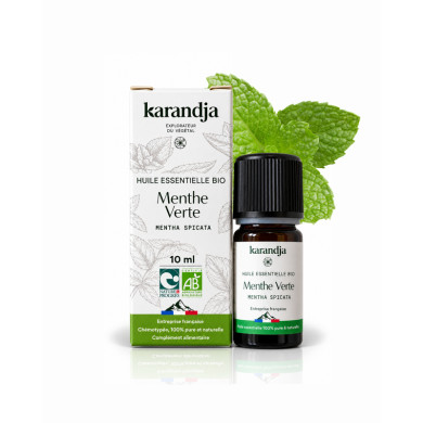 Huile essentielle MENTHE VERTE Bio chémotypée, 100% pure et naturelle, Karandja laboratoire, origine France, Hautes-Alpes.