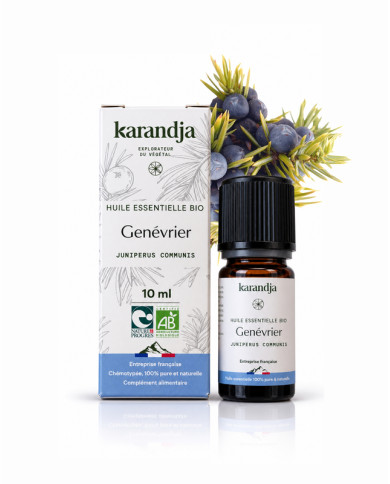 Huile essentielle GENEVRIER Bio chémotypée, 100% pure et naturelle, Karandja laboratoire, origine France - Hautes-Alpes (05).