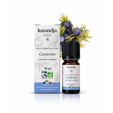 Huile essentielle GENEVRIER Bio chémotypée, 100% pure et naturelle, Karandja laboratoire, origine France - Hautes-Alpes (05).