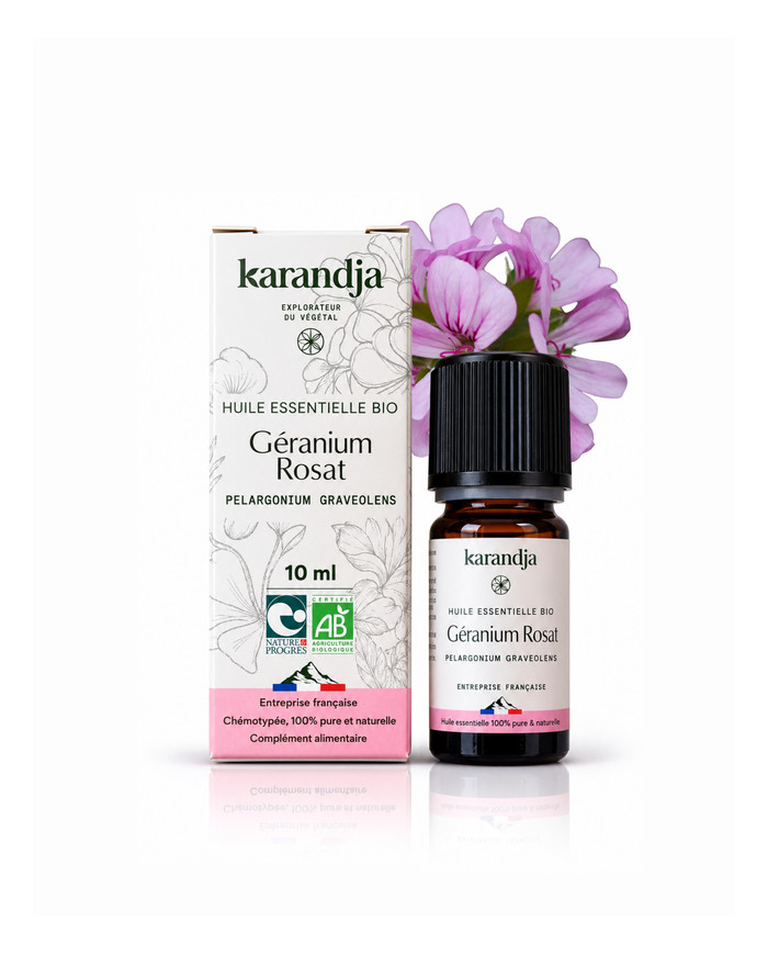 Huile essentielle GERANIUM ROSAT Bio chémotypée, 100% pure et naturelle, Karandja laboratoire.