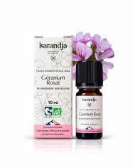 Huile essentielle GERANIUM ROSAT Bio chémotypée, 100% pure et naturelle, Karandja laboratoire.
