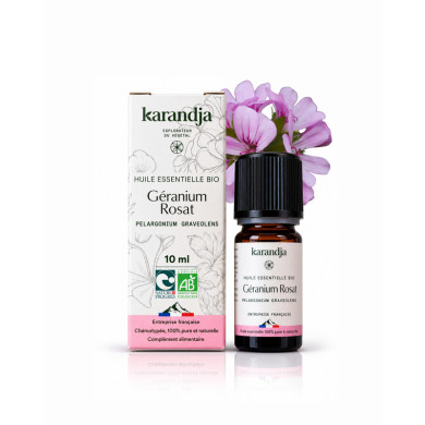 Huile essentielle GERANIUM ROSAT Bio chémotypée, 100% pure et naturelle, Karandja laboratoire.