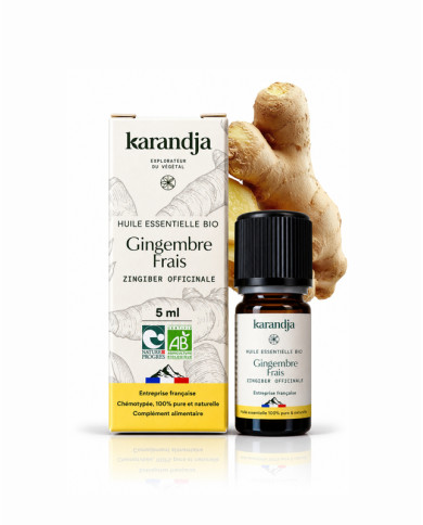 Huile essentielle GINGEMBRE FRAIS Bio chémotypée, 100% pure et naturelle, Karandja laboratoire.