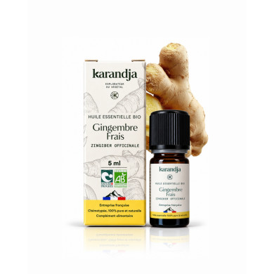 Huile essentielle GINGEMBRE FRAIS Bio chémotypée, 100% pure et naturelle, Karandja laboratoire.