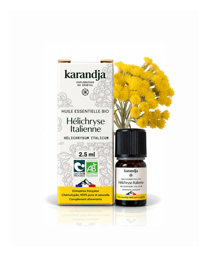 Huile essentielle HELICHRYSE ITALIENNE Bio chémotypée, 100% pure et naturelle, origine France, Karandja laboratoire.