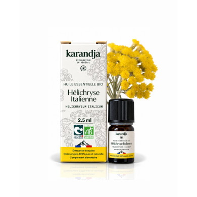Huile essentielle HELICHRYSE ITALIENNE Bio chémotypée, 100% pure et naturelle, origine France, Karandja laboratoire.