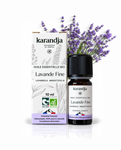 Huile essentielle LAVANDE FINE Bio chémotypée, 100% pure et naturelle, Karandja laboratoire, origine France - Hautes-Alpes (05).