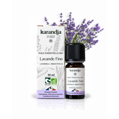Huile essentielle LAVANDE FINE Bio chémotypée, 100% pure et naturelle, Karandja laboratoire, origine France - Hautes-Alpes (05).