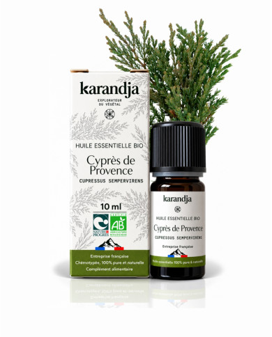 Huile essentielle CYPRES DE PROVENCE Bio chémotypée, 100% pure et naturelle, Karandja laboratoire, origine France.