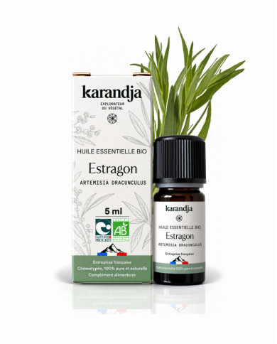 Huile essentielle ESTRAGON Bio chémotypée, 100% pure et naturelle, Karandja laboratoire, origine France - Bouches-du-Rhône.