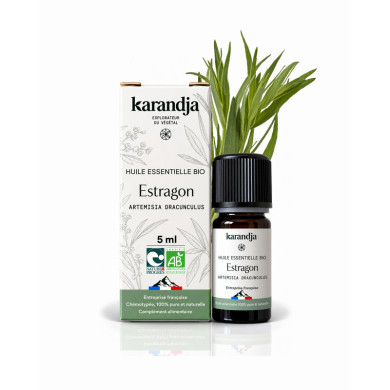 Huile essentielle ESTRAGON Bio chémotypée, 100% pure et naturelle, Karandja laboratoire, origine France - Bouches-du-Rhône.