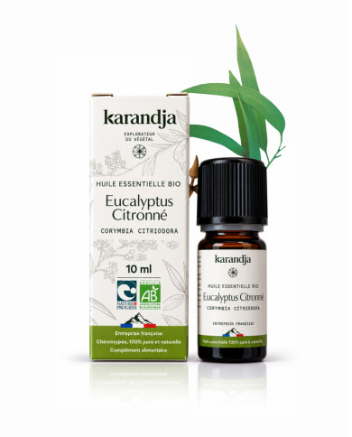 Huile essentielle EUCALYPTUS CITRONNE Bio chémotypée, 100% pure et naturelle, Karandja laboratoire.