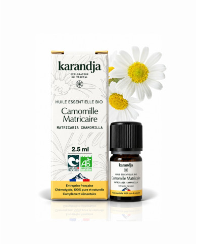 Huile essentielle CAMOMILLE MATRICAIRE Bio chémotypée, 100% pure et naturelle, Karandja laboratoire.