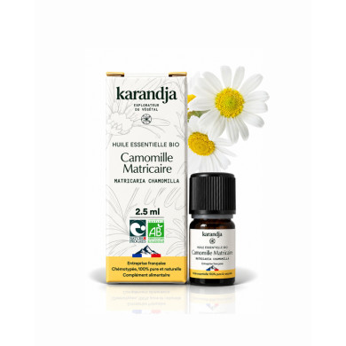 Huile essentielle CAMOMILLE MATRICAIRE Bio chémotypée, 100% pure et naturelle, Karandja laboratoire.