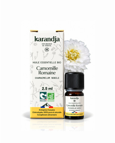 Huile essentielle CAMOMILLE ROMAINE Bio chémotypée, 100% pure et naturelle, Karandja laboratoire, origine France - Mayenne (53).
