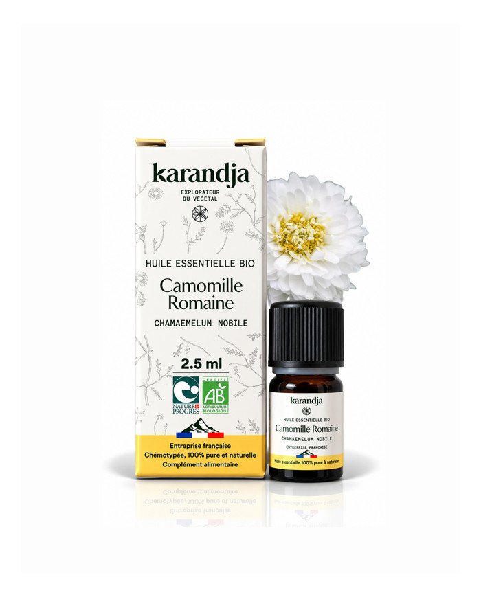 Huile essentielle CAMOMILLE ROMAINE Bio chémotypée, 100% pure et naturelle, Karandja laboratoire, origine France - Mayenne (53).