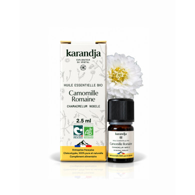 Huile essentielle CAMOMILLE ROMAINE Bio chémotypée, 100% pure et naturelle, Karandja laboratoire, origine France - Mayenne (53).