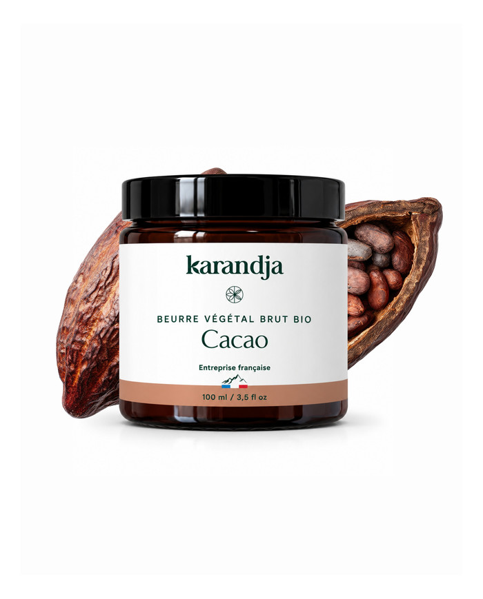 Beurre végétal bio CACAO Karandja 100ml, non raffiné, non désodorisé, 100% naturel.