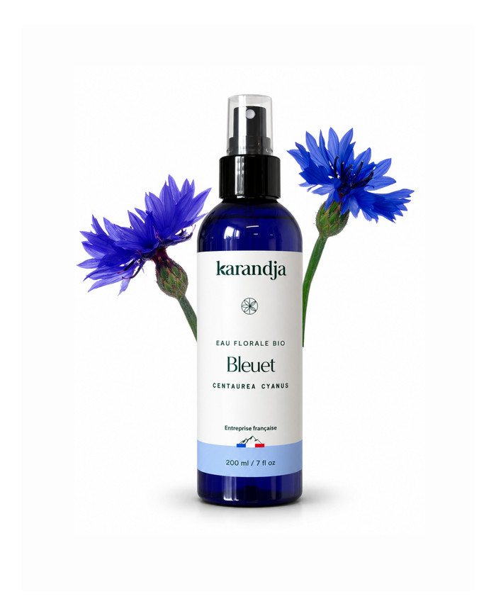 Eau florale Bio BLEUET Karandja 200ml, origine France, buvable, sans conservateurs ni additifs.
