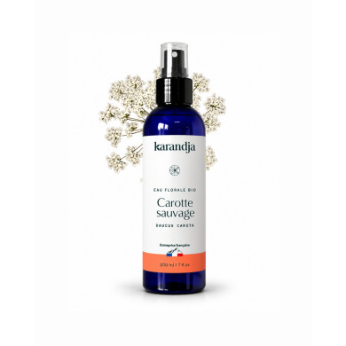 Eau florale Bio CAROTTE SAUVAGE Karandja 200ml, origine France, buvable, sans conservateurs ni additifs.