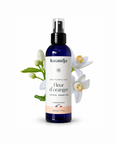 Eau florale Bio FLEUR ORANGER Karandja 200ml, buvable, sans conservateurs ni additifs.
