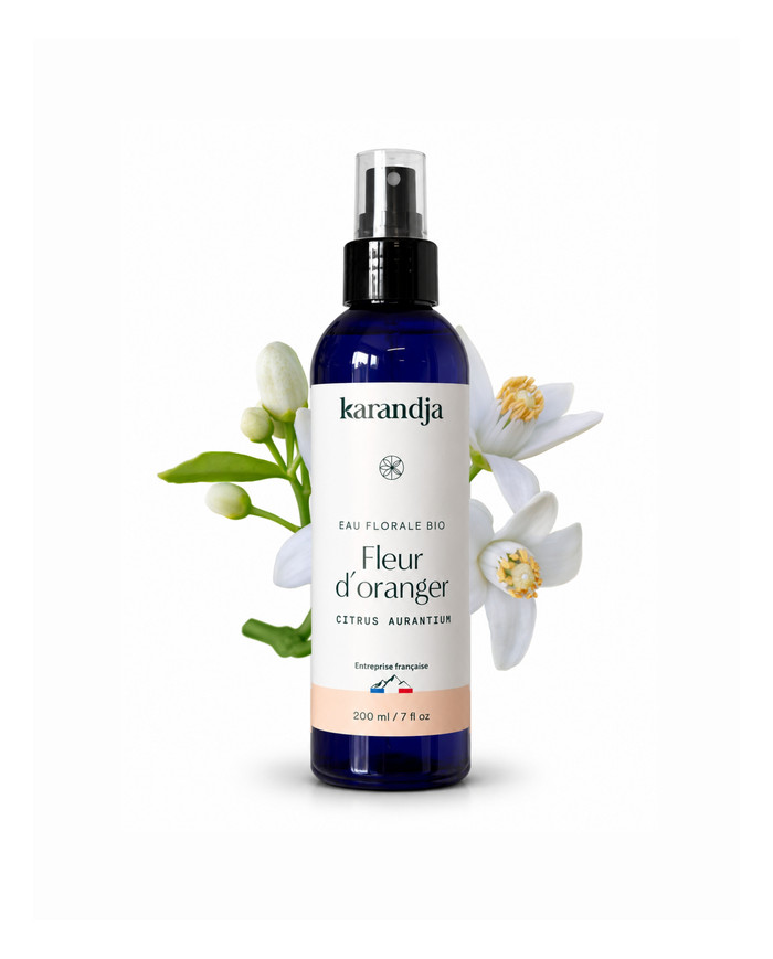 Eau florale Bio FLEUR ORANGER Karandja 200ml, buvable, sans conservateurs ni additifs.