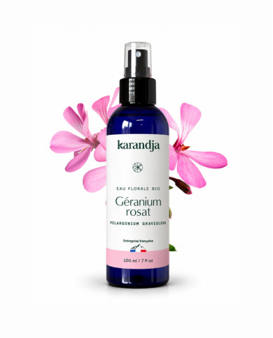 Eau florale Bio GERANIUM ROSAT Karandja 200ml, origine France, buvable, sans conservateurs ni additifs.