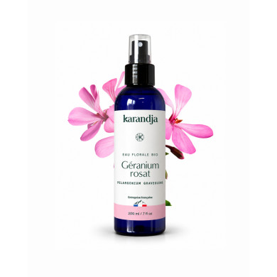 Eau florale Bio GERANIUM ROSAT Karandja 200ml, origine France, buvable, sans conservateurs ni additifs.