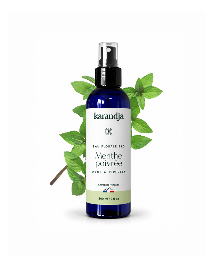 Eau florale Bio MENTHE POIVREE Karandja 200ml, origine France, buvable, sans conservateurs ni additifs.