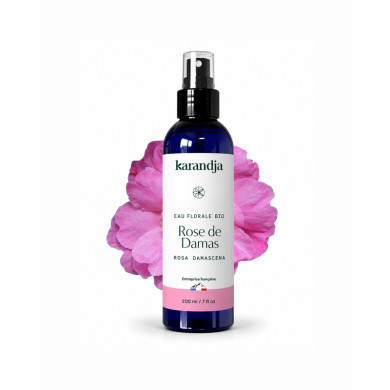 Eau florale Bio ROSE DE DAMAS Karandja 200ml, buvable, sans conservateurs ni additifs.