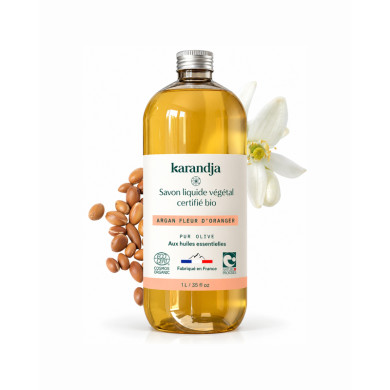 Savon liquide végétal pur olive certifié bio ARGAN FLEUR D’ORANGER 1 L
