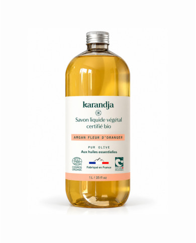 Savon liquide végétal pur olive certifié bio ARGAN FLEUR D’ORANGER 1L