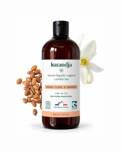 Savon liquide végétal pur olive certifié bio ARGAN FLEUR D’ORANGER 500ml